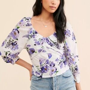 Anthropologie‎ White and Purple Floral Ruched Knit Long Sleeve Blouse Top Size L